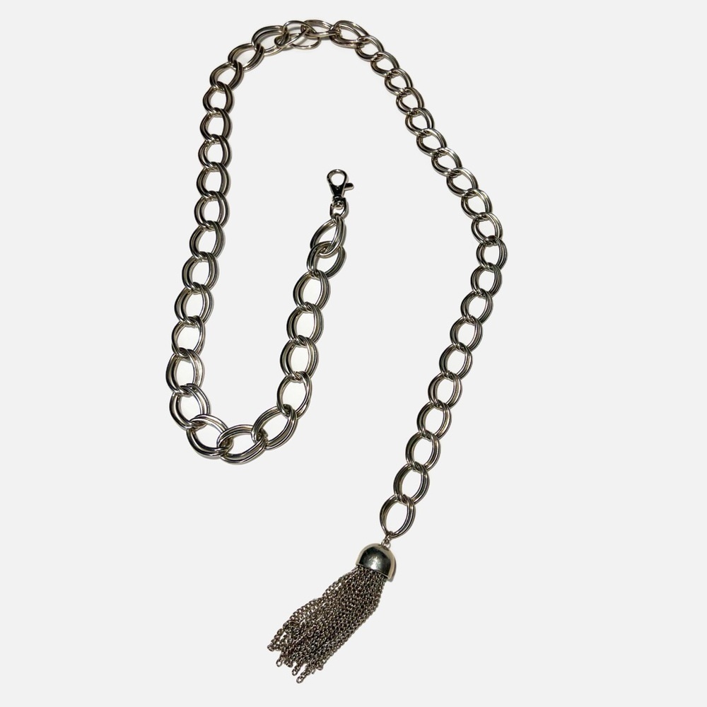 Vintage Adjustable Silver Metal Chain Link Belt Tassel Charm Womens One Size